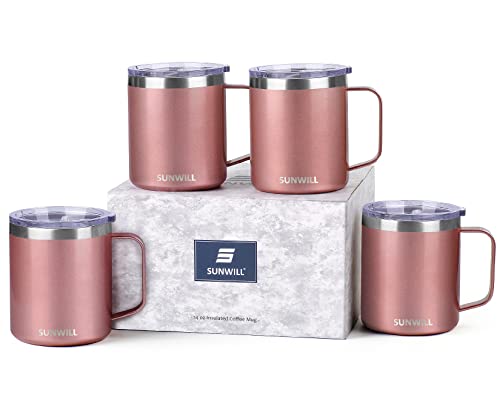 Image of SUNWILL 14 oz Coffee Mug Set of 4, Vacuum Insulated Camping Mug with Lid, Double Wall Stainless Steel Travel Tumbler Cup, Reusable Mug, Pearlized Rose Gold