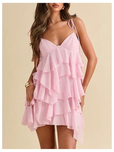 Floerns Women's Cocktail Tie Shoulder Mini Dress Sleeveless Layered Ruffle Cami Sundress3