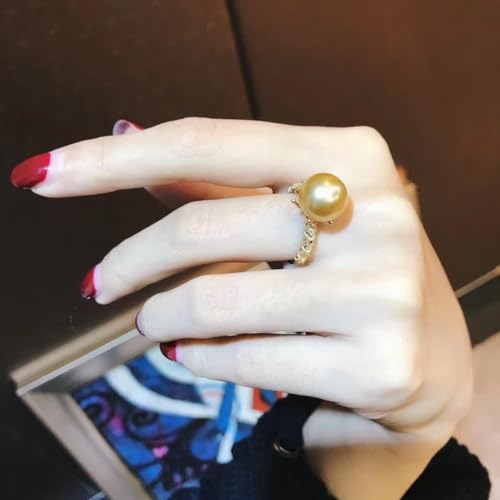 925 Sterling Silver Shiny Mother Shell Pearl 6 Claws AAA Zircon Ring Round Pearl Ring Platter Pearl Temperament Ring Ring Oversized Pearl Open Ring Engagement Wedding Anniversary Ring（Yellow)