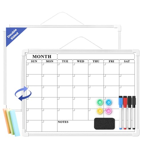 Lumspax Monthly Whiteboard Calendar for Wall, Small 16' x 12' Dry Erase Board with Plastic Frame, Hanging Dry Erase Calendar with 3 Mini Sticky Notes for Kitchen Planner, Memo, Home and Office