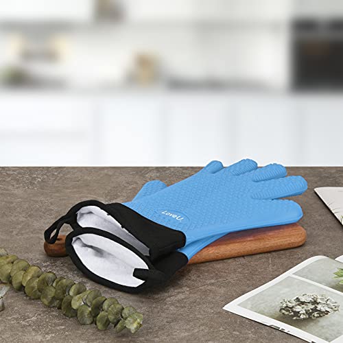 Image of Kitchen Oven Gloves - Dual-Layer Heat Resistant Grilling Gloves, Silicone Oven Mitts with 5 Fingers, Waterproof Non-Slip Pot Holder for Barbecue, Cooking, Baking (Small, Blue Long)