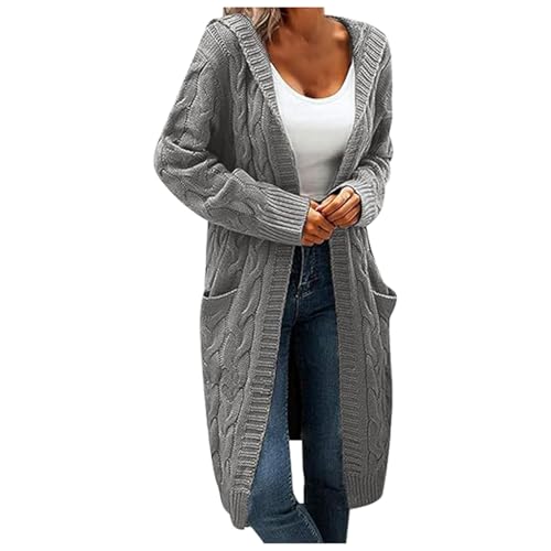 Generisch Strickjacken Für Damen, Strickjacke Damen Herbst - Lang Cardigan Mit Kapuze Zopfmuster Winter Strick Strickweste Dicke Strickpullover Wolljacke Oversize Sweater Grobstrick Strickmantel