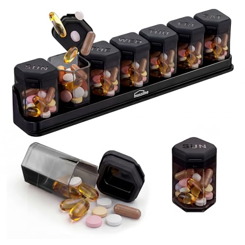 Mossime Large Weekly Pill Organizer 1 Time a Day BPA-Free Pill Dispenser 7 Day Removable Pill Box with Silicone Lids Spill Proof Travel Case for Vitamins Supplements & Medication(Black)
