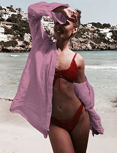 Image of Bsubseach Women Long Sleeve Beach Shirt Blouses Bathing Suit Cover Up Button Down Collar