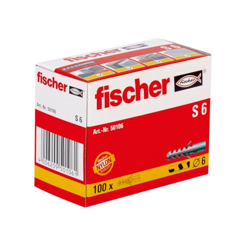 Image of fischer S6 Universal Wall Anchors for Concrete and Solid Masonry, 1 /4 inch x 1-3 /16 inch (6 x 30 mm), Rimless Nylon, Two-Direction Expansion - 100 Units
