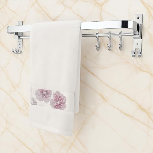 Image of JIALTO Stainless Steel Wall Mounted 24 Inch Towel Rack with 3 Hooks | Rustproof Bathroom Hangers for Clothes & Towel | Space Saving, Heavy Duty Towel Bar for Bathroom, Chrome Finish