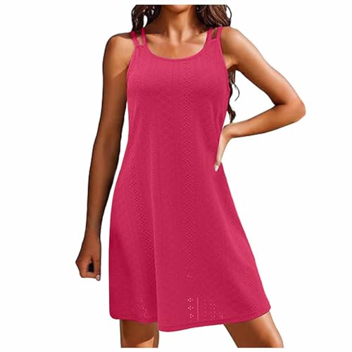 Generisch Manta para traje de baño para mujer, con tirantes delgados, bordado con ojales, cuello redondo, sin mangas, informal, vestido de verano, vestido de bikini negro con encaje, Rosa intenso., L