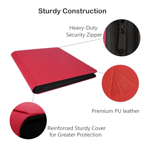 Image of Rayvol 16-Pocket Toploader Binder, Holds 512 Toploaders 16 Pocket Top Loader Card Storage Case, 500 + Ringless Double-Sided Pockets for Cards in 3 x 4'' Toploaders -Red