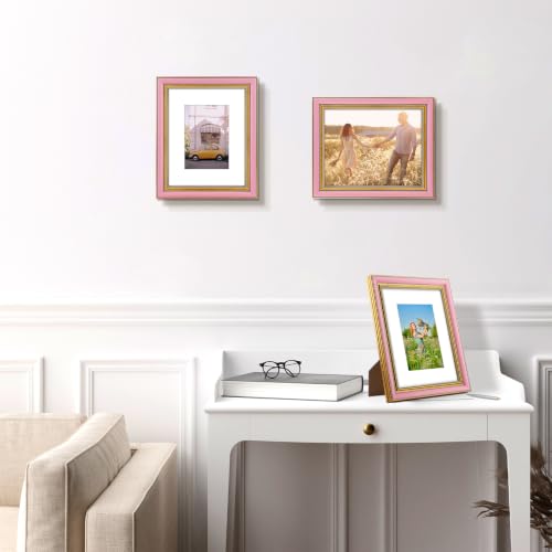 Image of Golden State Art,8x10 Ornate Picture Frame Holds 5x7 Photo,Pink Gold | Includes real glass front,white mat,easel stand,build-in hangers and buttons.Displays 5x7 photo on wall or tabletop