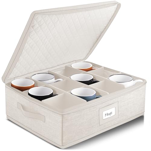 Image of Hearth & Harbor Hard Shell Mug Organizer, Cup and Mug Storage Box, Cream