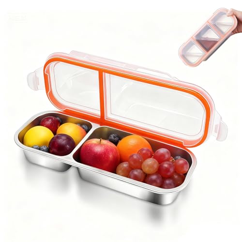 Image of Reusable Stainless Steel Snack Containers with Lids - 10.3 inch x 4 inch 3 Compartment Snackle Box, Leak-Proof Metal Snack Containers for Kids & Adults, Divided Food Storage Box (2 Compartment)