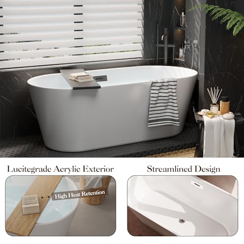 Image of 59 InchFreestanding Bathtub Acrylic Soaking Tub with Integrated Overflow, Modern Freestanding Tub /Free Standing Tub for Small Bathroom Remodel, Deep Soaking Comfort, Stand Alone Tub Spa Feel