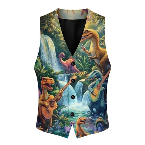 Funny Dinosaur Guitar Men's Suit Vests Business Formal Dress Vest V-Neck Waistcoat for Wedding Casual4