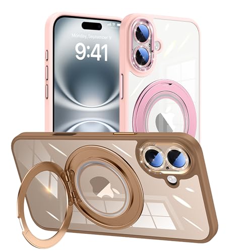 Damesine iPhone 16用ケース シリコン耐衝撃 クリア背面透明 薄型 MagSafe対応 360°回転スタンド付き 強い磁気 取り外せるカメラカバー キラキラでレンズ保護 かわいいスマホケース 黄変防止 防塵ネット付き ワイヤレス対応 オシャ