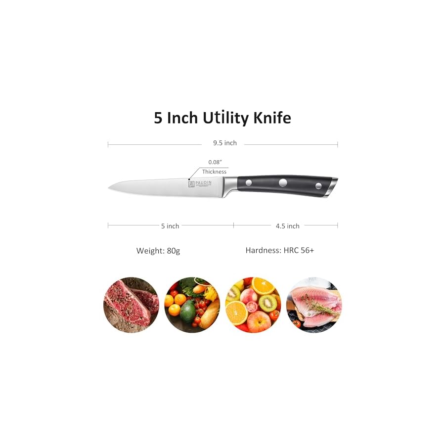 PAUDIN Utility Knife, Switzer Chefs Knife 5 Inch, Ultra Sharp High Carbon Stainless Steel Paring Knife, Multipurpose Kitchen Knife for Fruit and Vegetable Cutting with ABS Handle, Premium Gift Box
