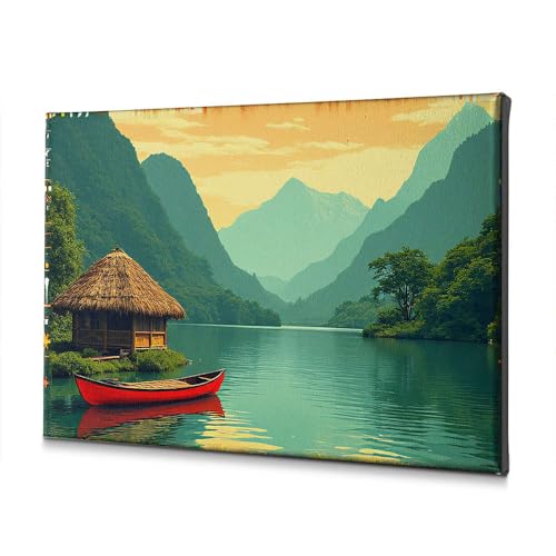 Tableau lac et montagnes bateau rouge | Toile déco murale évasion poétique