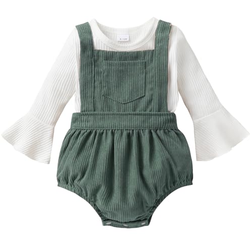 Image of Tiny Cutey Newborn Baby Girl Clothes Bell Sleeve Romper and Corduroy Overalls Shorts Infant Girl Fall Outfits