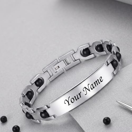 Image of Personalized Name Karungali Bracelet for Men & Women | Engraved Stainless Steel Adjustable Bracelet | Customized Gift for Husband, Wife, Boyfriend, Girlfriend, Friends & Family | Custom Name Jewelry Gift in Silver with Gift Box