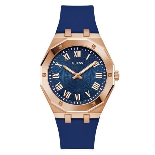 Image of GUESS Men's 42mm Watch - Blue Strap Blue Dial Rose Gold Tone Case, Blue, Classic