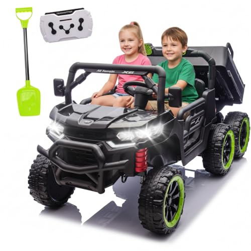 24V Ride On Toys for Big Kids, 4WD 6X6 2 Seater Ride On Dump Truck with Remote Control, 20inch Seat, 3 Speeds, High Efficiency Battery, 4X100 Motors, Music, Ride On Car for Boys Girls, Black