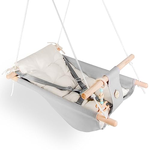Image of Baby Swing Indoor and Outdoor, Canvas Hammock Swing for Baby to Toddler with a Comfortable Seat, Macaroon Wooden Toy, Adjustable 5-Point Harness,3 Modes,Gift for Baby Boys Girls, Grey&White