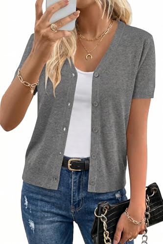 Image of Arach&Cloz Women's Wool Blend Short Sleeve Lightweight Cardigan Business Casual Summer Sweaters Tops