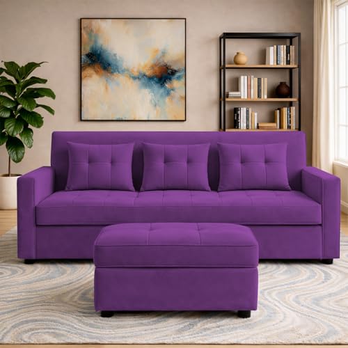 Image of Emilio 3 Seater with Ottomon Pull-Out Sofa Cum Bed (Purple Color) Premium Fabric Sofa Set for Living Room | Bedroom