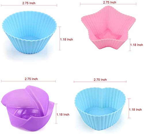 LetGoShop Silicone Cupcake Liners Reusable Baking Cups Nonstick Easy Clean Pastry Muffin Molds 4 Shapes Round, Stars, Heart, Flowers, 24 Pieces Colorful