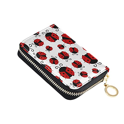 Red Ladybugs Texture Credit Card Coin wallet, RFID Blocking Compact Women Leather Card Holder, Key Change Organizer, Zipper Purse Clutch Pouch Pocket