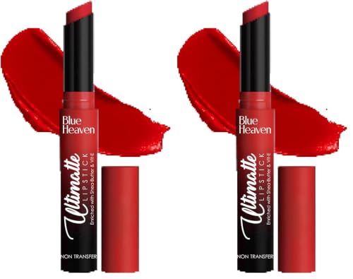 Image of Blue Heaven Ultimatte NonTransfer lipstick for women|Enriched with Shea Butter & Vitamin E| Matte Finish, Smudge Proof & Waterproof Long Lasting Lipstick Upto 12Hrs| 2.2g | 01 Red (Pack of 2)