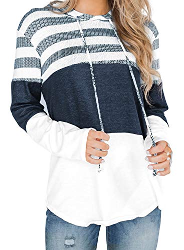 Actloe Women Long Sleeve Striped Color Block Casual Hoodies Loose Patchwork Pullover Sweatshirt Knit Tops White XX-Large