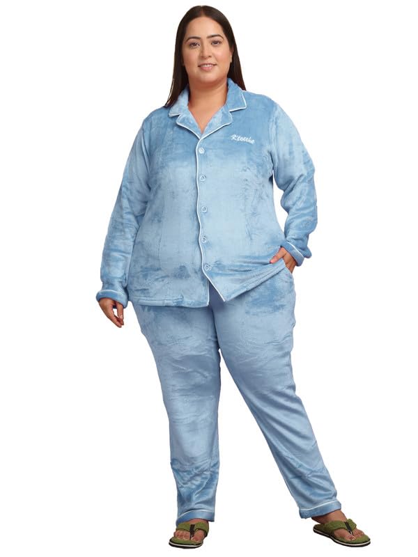 Women SkyBlue Solid Plus Size Woolen Night Suit-image-45