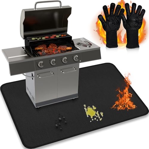 JUIN Grill Mat & BBQ Gloves Set, 48x30, Fireproof, Oil-Proof
