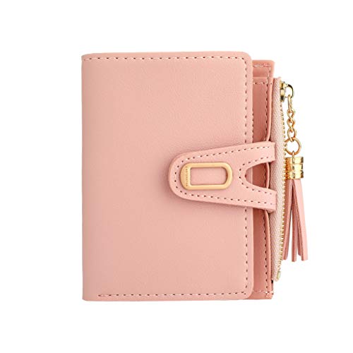 Portefeuille Femme Mini Cuir Véritable Court à Fermoir Boucle Houppe Porte-Cartes Porte-Monnaie Zippé Rangement Billets Porte Carte Cover