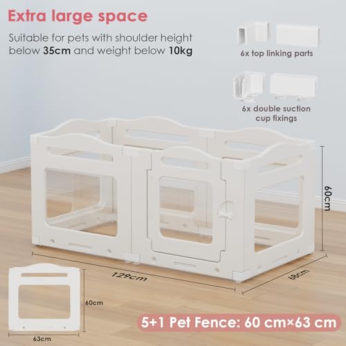 Clevich Welpenauslauf aus Acryl 60 cm hoch, 5 PCS +1 Laufstall Hund mit Tür, gitterloser Welpenlaufstall, Hundelaufstall für Wohnung faltbar, Saugnapf, Indoor-Hundezwinger für Welpen, Weiß