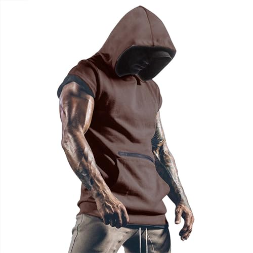 Men's Workout Hooded Tank Tops Sleeveless Gym Hoodies Bodybuilding Muscle Cut Off T-Shirts Brown