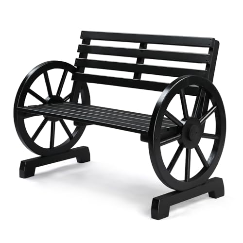 Image of VINGLI Rustic Wooden Wheel Bench Outdoor Bench, Patio Bench Wagon Slatted Seat, Garden Benches for Outdoors 350lbs High Capacity, Weather Resistance (Black, 41in)