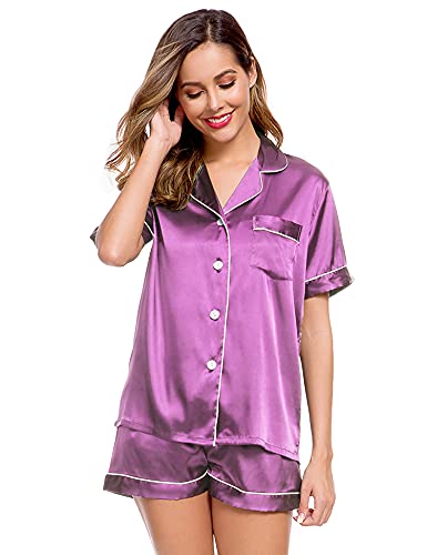 Image of LecGee Womens Silk Satin Pajamas Short Sleeve Loungewear Two-Piece Sleepwear Button-Down Pj Set