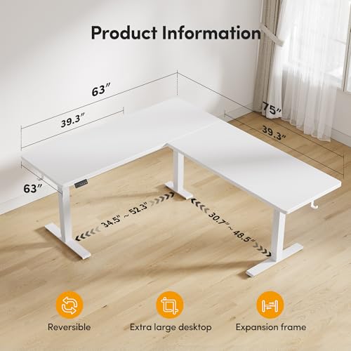 Image of CubiCubi L Shaped Standing Desk 75 x 63 Inch Adjustable Height, Electric Corner Desk, Sit Stand Home Office Desk with Splice Board, White(2 Packages)