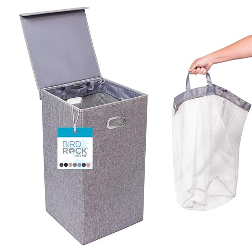 Image of BIRDROCK HOME Laundry Hamper with Lid | Removable Bags for Sorting Clothes | Sectioned Laundry Basket for Bedroom & Bathroom | Collapsible Storage Bin with Cover | Single, Grey