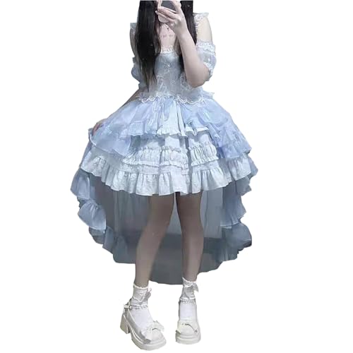 [ボズとガルヤ] ロリータ ティアードワンピース オフショルダー 長い裾 コスプレ衣装 チュール 透け感 フリル 白 黒 ピンク 水色 赤 半袖 ゆめかわいい cosplay lolita ハロウィン仮装