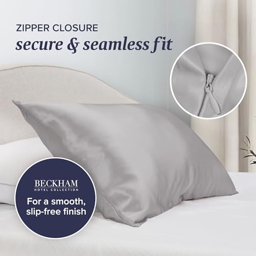 Image of Beckham Hotel Collection Silk Pillow Case with Zipper, 100% Mulberry Silk Pillowcase for Hair & Skin, 22 Momme 6A Grade, Oeko-TEX Certified, 1PC, King, Silver Cloud