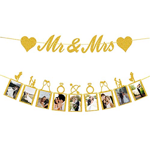 Hochzeitsdekoration, Mr & Mrs Banner und Foto-Banner mit Bilderrahmen für Hochzeit/Verlobung/Jahrestag/Party-Dekorationen (Gold Glitzer) Cover