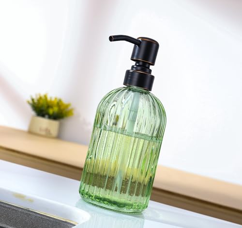 Image of 16Oz Green Glass Soap Dispenser with Rust Proof Bronze Stainless Steel Pump, Green Countertop Refillable Liquid Lotion Dispensers with Stainless Steel Pump, Oil Rubbed Bronze Soap Dispenser
