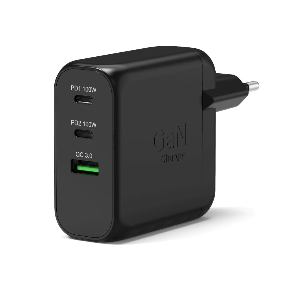 Port Designs Chargeur Mural GaN USB-C pour Ordinateur Portable et Smartphone avec câble USB-C 2m renforcé (100, Watts)