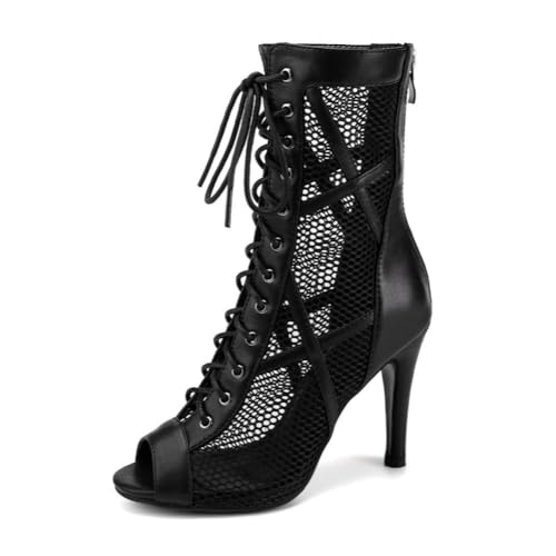 Women's Dance Heels Peep Toe Ankle Dance Booties Salsa Ballroom Dance Shoes Mesh2
