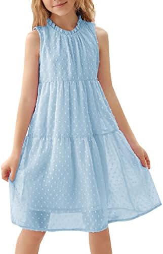 Danna Belle Girl Dress Summer Swiss Dots Chiffon Sleeveless Casual Dresses 5-12Y Light Blue