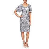Alex Evenings Women's Short Cold Shoulder Flutter Sleeve Dress (Petite Regular), Silver, 4