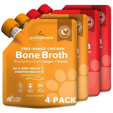 Primalvore Free-Range Bone Broth for Dogs &Cats, Mobility Formula w/Collagen Peptides to Help Support Hip & Joints, Digestion, Skin & Coat and Hydration, Human Grade, Mix 4 Pack Chicken and Beef Cover
