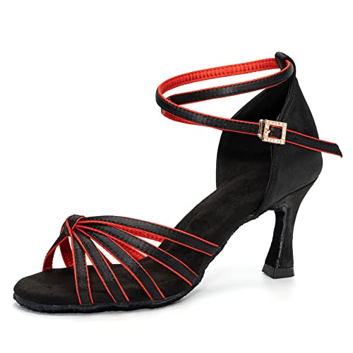 Women Latin Dance Shoes Satin Professional Ballroom Salsa Practice Performance Dance Shoes, Model EM-217GB-7cm